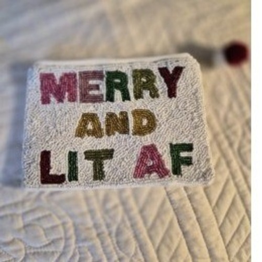 Merry and Lit AF Beaded Christmas Clutch Holiday Pouch Bag White Multi Color